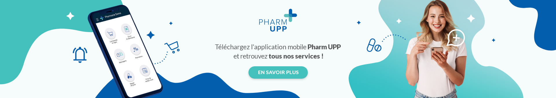 Une homme sur son vélo sur son smartphone avec commande en ligne, envoi ordonnance, promotions